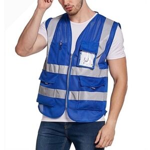 NEW Blue Reflective Medium Safety Vest Blue‎ High Visibility Mesh Workwear